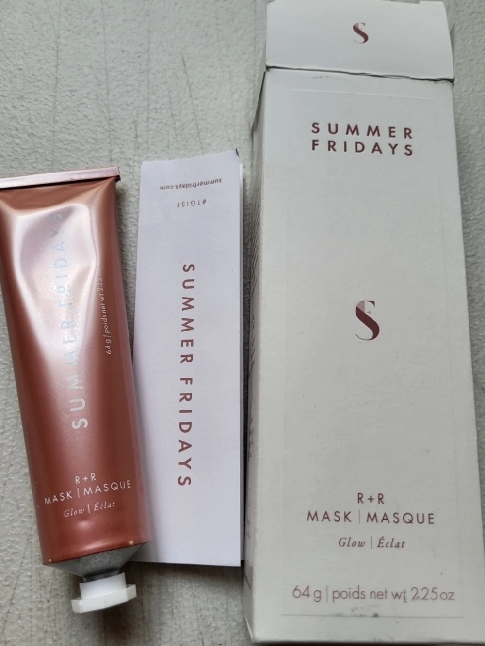 Summer Fridays R+R Mask in rose gold and white packaging